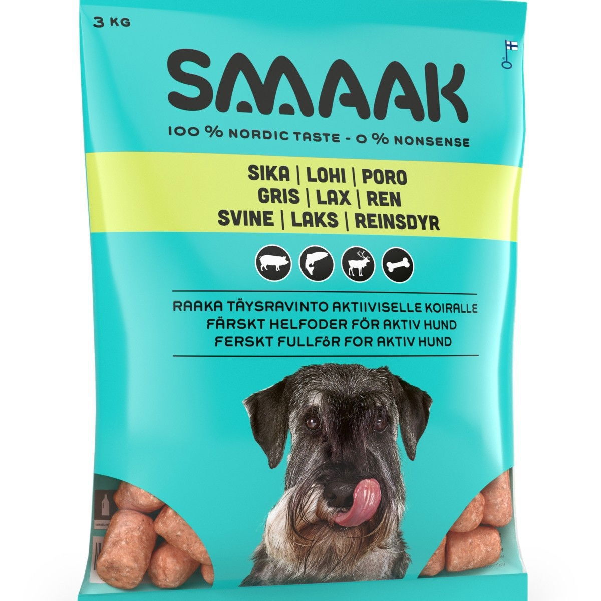 SMAAK raaka täysravinto aktiiviselle koiralle, possu, lohi, poro 3 kg